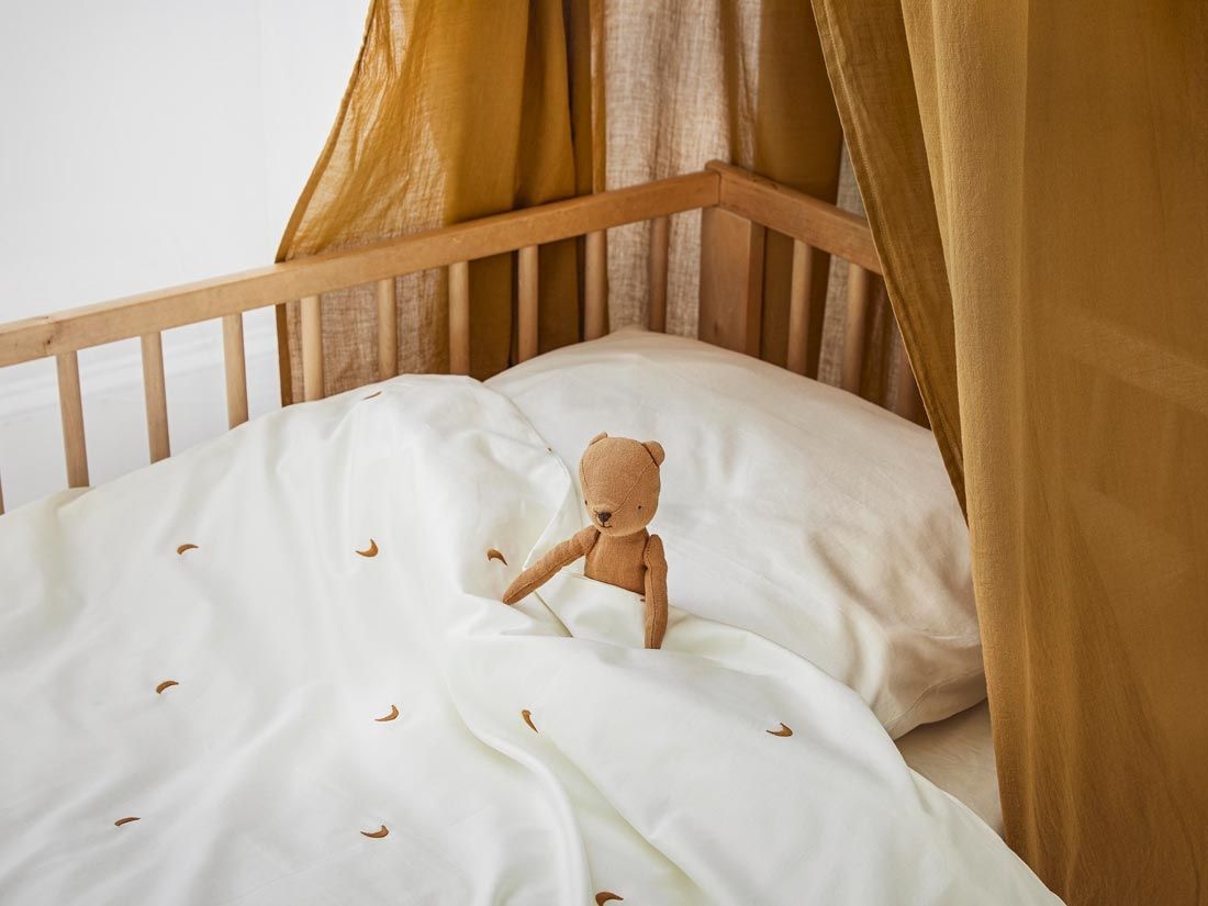 Påslakan för barn bomullssatin warm white/ochre moon